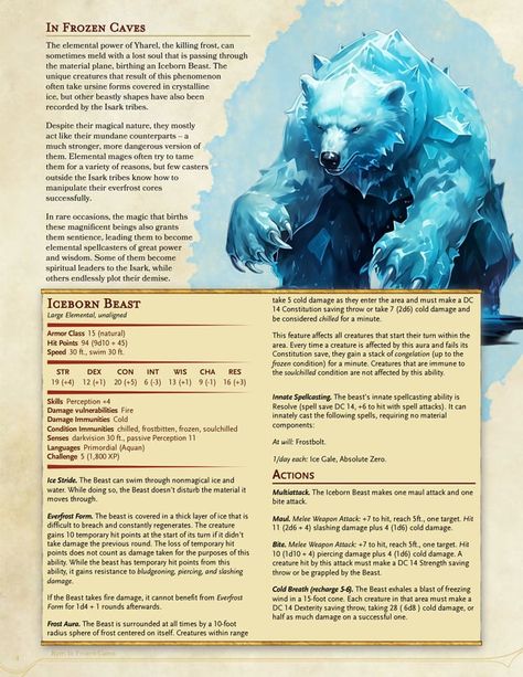 Better Elementals - A Compendium of CR 1-23 Elemental Creatures, Items, and Spells themed around the Unendurable Arctic and the Charred Lands! : r/UnearthedArcana Dnd Winter Monsters, Snow Elemental, Dnd Grimoire, Dnd Elemental, 5e Monsters, Stat Block, Ocean Monsters, Dnd Creatures, Ice Monster