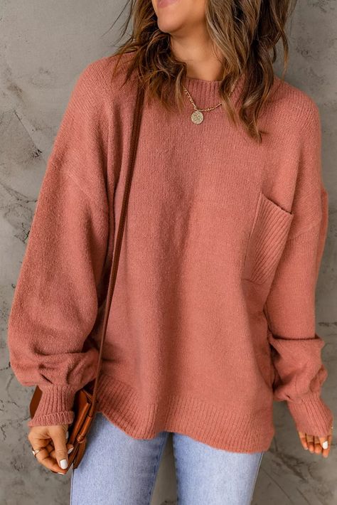 US$ 9.66 Drop-shipping Solid Color Puffy Sleeve Pocketed Sweater for Women Comfy Jumpsuits, Pocket Sweater, Drop Shoulder Sweaters, Long Sleeve Knit Sweaters, Sweater Material, Loose Sweater, Winter Sweaters, Lantern Sleeves, Long Sleeve Knit