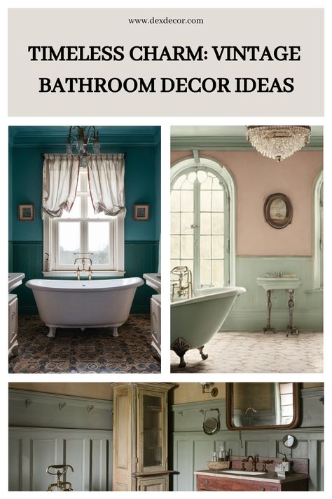 Collage of vintage bathroom decor with clawfoot tubs, ornate mirrors, and chandeliers. Bathroom Shower Tile Ideas Vintage, Old Money Aesthetic Bathroom, Vintage Bathroom Decor Ideas, Light Green Bathrooms, Kitchen Tile Inspiration, Ensuite Bathroom Designs, Industrial Chic Kitchen, Rustic Industrial Kitchen, Modern Bedroom Colors