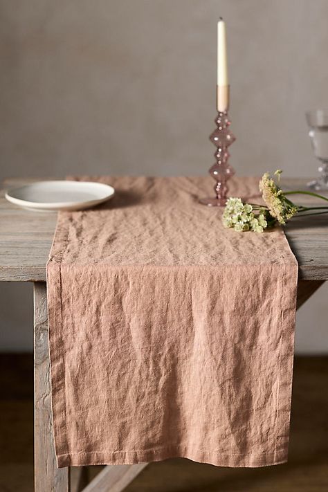 Handmade from soft Lithuanian linen with a rustic handfeel, this solid runner is ideal for formal and casual tables alike. | Lithuanian Linen Table Runner in Orange at Terrain Lithuanian Culture, Linen Runner, Bamboo Plates, Husband Gifts, Outdoor Party Decorations, Linen Fabrics, Organic Forms, Americana Decor, Summer Celebration