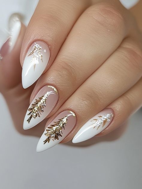 New Year Nails Inspiration, New Years Party Nails, Ornament Nails Design, Gold Glam Nails, New Years Almond Nails, French Nails With Red, Nails Gold And Black, White And Gold Christmas Nails, Black Abstract Nails