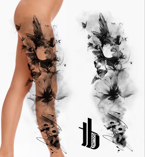 Black And Grey Floral Leg Sleeve, Kind Tattoo, Joker Tattoo Design, Full Leg Tattoos, Joker Tattoo, Desenho Tattoo, S Tattoo, Leg Tattoos, Full Sleeve