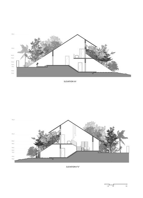 section Houses On Slopes Architecture, House On Slope Design, Soft Architecture, Slope House Design, Slope House, Architecture Design Sketch, Architecture Design Drawing, Architectural Section, Architecture Concept Drawings