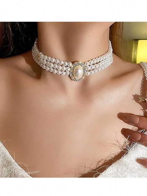 Bohemian Style 3-Layered Delicate Rhinestone & Faux Pearl Chunky Choker, 1920s Style Necklace, Multi-Layer Pendant Necklace, For Women And Girls, 1pc | SHEIN Chunky Choker, 1920s Style, 1920s Fashion, Artist Style, Style Necklace, Necklace For Women, Glow Up?, Multi Layering, Bohemian Style