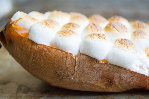 Twice Baked Sweet Potatoes are a nod to the classic candied yam casserole, but made for everyday! Loaded Baked Sweet Potato, Roasted Marshmallow, Sweet Potatoes With Marshmallows, Walnuts Recipe, Twice Baked Sweet Potatoes, Sweet Potato Skins, Loaded Sweet Potato, Road House, Recipes With Marshmallows