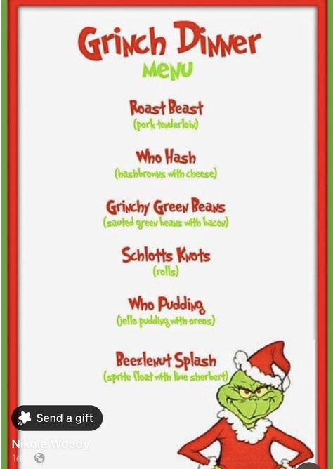 Who Pudding, Grinch Dinner, Who Hash, Roast Beast, Lime Sherbert, Disney Movie Night Dinner, Movie Night Dinner, Movie Night Theme, Christmas Party Activities