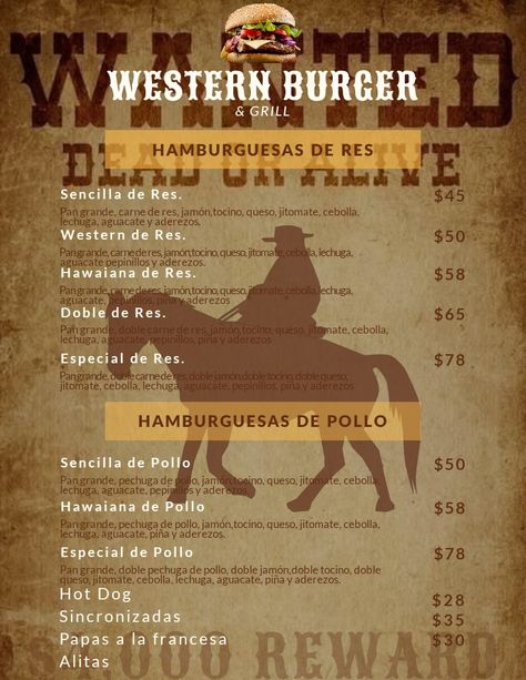 Western Burgers, Halloween Cowboy, Texas Restaurant, Cafe Menu Design, Café Design, Truck Business, Food Truck Business, Western Parties, Honky Tonk