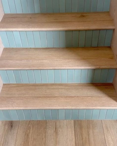 love a good stair transformation 🩵 // ⠀⠀⠀⠀⠀⠀⠀⠀⠀ our LaGUNA quietude 2”x8” tiles were used as stair risers for this beautiful beach home… | Instagram Beach House Stairs, How To Make Stairs, Beach Stairs, Concrete Collaborative, Stairs Renovation, Front Stairs, Stair Banister, Beach House Bedroom, Flooring For Stairs