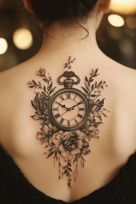 A detailed tattoo of a pocket watch and flowers on a woman's upper back. Female Clock Tattoo, Clock And Rose Tattoo Design For Women, Birth Clock Tattoos For Women, Compass Tattoo Back, Time Clock Tattoos For Women, Pocket Watch Tattoos For Women, Clock Compass Tattoo, Roman Numeral Clock Tattoo, Clock Tattoos For Women