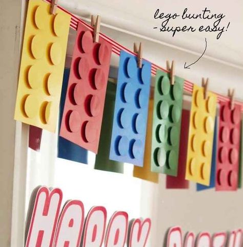 Brighten things up with super easy Lego bunting. | How To Throw The Ultimate LEGO Birthday Party Deco Lego, Lego Themed Party, Ninjago Party, Lego Birthday Party, Lego Birthday, Lego Party, 6th Birthday Parties, Lego Friends, 4th Birthday Parties