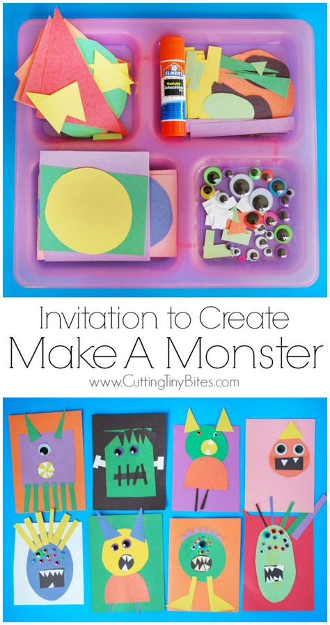 Invitation to Create: Make A Monster. Open ended, creative, quick and easy kids paper Halloween craft. Great for color and shape recognition. Perfect for toddlers, preschoolers, and elementary. #monsters #halloween #halloweencraft #monstercraft #invitationtocreate #kidscraft #craft Halloween Class Party, Kraf Kertas, Paper Halloween, Halloween Preschool, صفحات التلوين, Kindergarten Art, Halloween Craft, Patio Designs, Theme Halloween