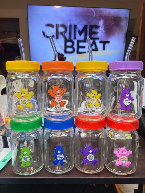 * swear Bear Care Bears  * 15 oz acrylic mason jar tumbler  * uv dtf design  * clear plastic  * includes lid and straw Mason Jar Tumbler, Music Freaks, Diy Tumbler, Hello Kitty Shoes, Kitty Items, Drinks Alcohol, Baby Cups, Glass Mason Jars, Custom Cups