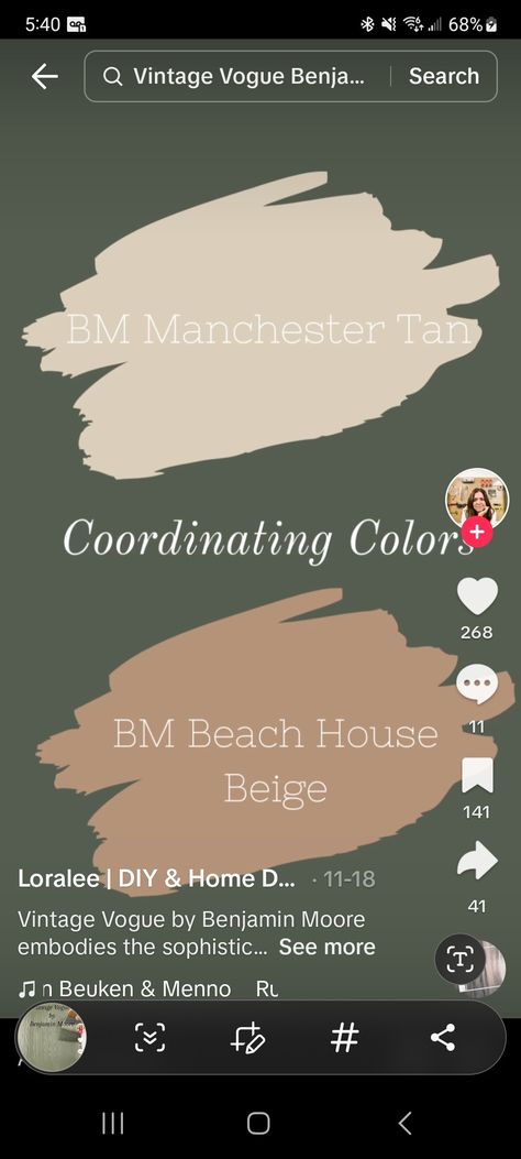 Manchester Tan Coordinating Colors, Bm Vintage Vogue, Manchester Tan, Paint Colors For Home, Paint Stain, Vintage Vogue, Coordinating Colors, House Designs, House Colors