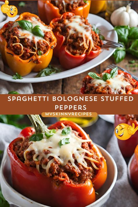 Discover a savory spin on spaghetti with our Spaghetti Bolognese Stuffed Peppers recipe! 🌶️🍝 These colorful bell peppers are filled with savory Bolognese spaghetti, topped with melted mozzarella cheese, and baked to perfection. Quick, easy, and bursting with flavor, they're the perfect way to enjoy a twist on a classic dish. Try them tonight for a satisfying and delicious dinner! #StuffedPeppers #SpaghettiRecipe #EasyDinnerIdeas #myskinnyrecipes 🧀🌿 Bolognese Stuffed Peppers, Bolognese Spaghetti, Spicy Peanut Noodles, Broccoli Pasta Bake, Ramen Stir Fry, Stuffed Peppers Recipe, Broccoli Pasta, Healthier Food, Spaghetti Bolognese