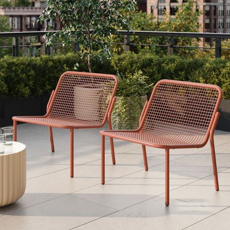 Seville Outdoor Stacking Lounge Chair (Set of 2) | West Elm Retro Patio Furniture, Colorful Outdoor Furniture, Balcony Chairs, Metal Outdoor Furniture, Chairs Outdoor, Landscape Inspiration, Outside Furniture, Patio Lounge Chairs, Outdoor Ottomans