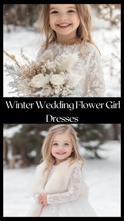 Little girl in a winter wedding flower girl dress with faux fur accents and long sleeves, standing in a snowy setting. Dresses For Winter Weddings, Winter Flower Girl Dresses, Winter Wedding Flower Girl, Flower Girl Dress Ideas, Girl Dress Ideas, Winter Flower Girl Dress, Winter Flower Girl, Snowy Wedding, Wedding Reception Flowers