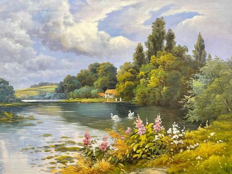 Scenic Oil Painting, Classic Oil Paintings Landscapes, Vintage Oil Paintings Landscapes, Classic Paintings Landscape, Spring Landscape Paintings, Scenery Landscape Painting, Old Oil Paintings, Oil Painting Scenery, Aesthetic Outdoors