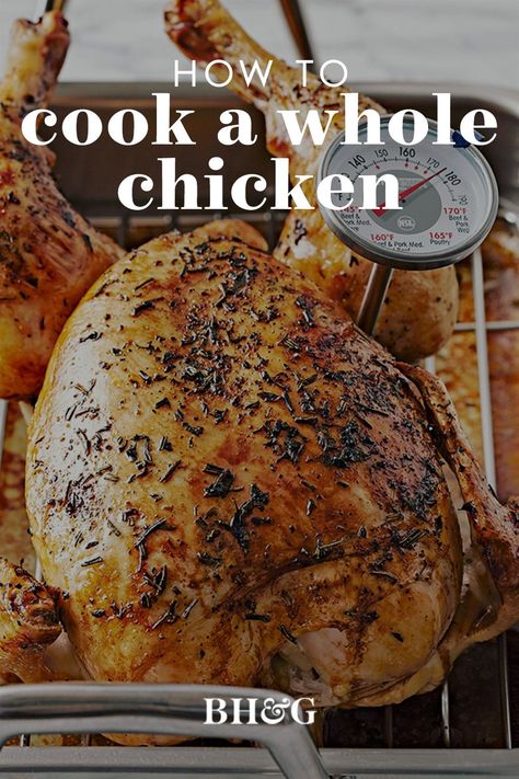 This is our Test Kitchen's tried-and-true method on how to bake a whole chicken in the oven. Here's how you can make a roast chicken dinner in five easy steps, with five (or fewer!) ingredients. #howtocookawholechicken #roastchicken #roastchickenrecipe #bhg How To Cook A While Chicken In The Oven, Cook While Chicken In Oven, How To Bake A Rotisserie Chicken In The Oven, Fresh Whole Chicken, Making A Whole Chicken In The Oven, 6lb Chicken In Oven, 5lb Chicken In Oven, How To Cook A Hen In The Oven, Baking A Whole Chicken In Oven