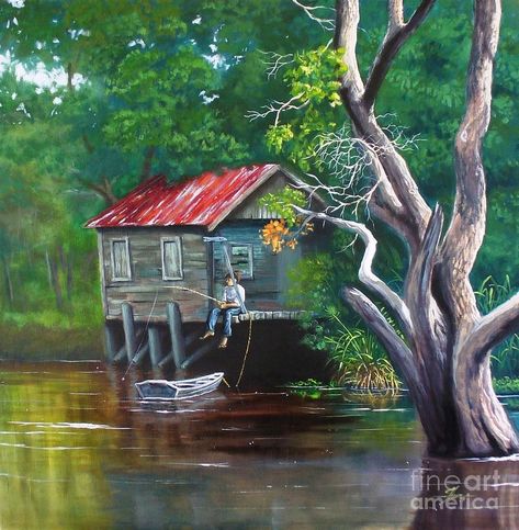 Paintings With People, Swamp Painting, Cottage Paintings, Tree Painting Easy, Artsy Vibe, Sand Dollar Art, Beach Art Painting, Louisiana Art, Cottage Painting