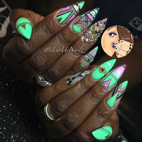 Mint Green & Purple, With Gold & Black LiNE WORk Mint Green Nails Acrylic, Mint Green Nails, Pastel Mint, Line Work, Neon Nails, Black Line, Nail Art Galleries, Nails Magazine, Cool Nail Art