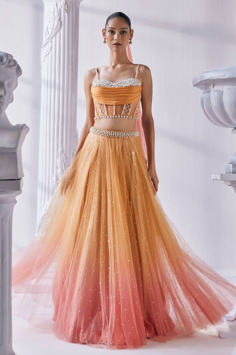 Trendy Summer Wedding Outfits: Peach Net Ombre Embellished Lehenga Set Corset Blouse Lehenga, Lehnga Ideas, Contemporary Lehenga, Pearl Lehenga, Ombre Lehenga, Mandira Wirk, Authentic Dress, Embellished Corset, Peach Lehenga