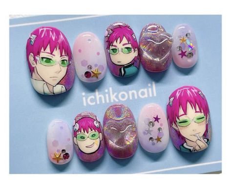 Saiki K Nails, K Nails, Anime Nail, Cute Nail Polish, Saiki K, Punk Nails, Anime Nails, Blush Nails, Nails For Kids