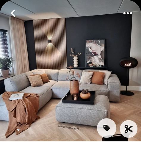 Black Wall Grey Couch, Gray Black And Wood Living Room, Wood Black And White Decor Living Room, Batton Walls Living Room, Wall Fillers Living Rooms, Modern Living Room Gray Couch, Gray And Camel Living Room, Caramel Couch Living Room, Living Room Wall Colors 2024