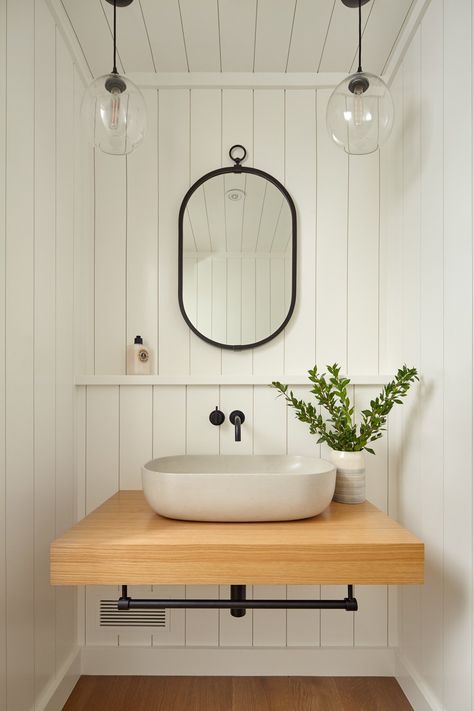 Farmhouse Powder Room, Vertical Shiplap, Mirror Interior Design, Shiplap Wall, Glenwood Springs, Powder Room Small, Cottage Bathroom, Wall Bathroom, Floating Vanity