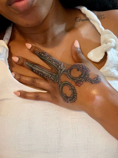 Cosmetology Hand Tattoos, Scissor Tattoo On Hand, Scissors Hand Tattoo, Scissor Hand Tattoo, Hair Stylist Tattoos Ideas, Hair Stylist Tattoo, Hairstylist Tattoos, Antique Scissors, Biker Boy