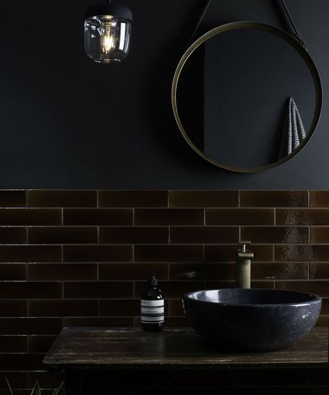 Dark bathroom ideas: 13 dramatic look that deviate from the 'norm' | Real Homes Dark Bathroom Ideas Modern, Bathroom Decor For Small Bathrooms, Bathroom Storage Design, Wallpaper In Bathroom, Small Dark Bathroom, Storage Design Ideas, Tiled Bathrooms, Bathroom Dark, Bathroom Ideas Modern Small