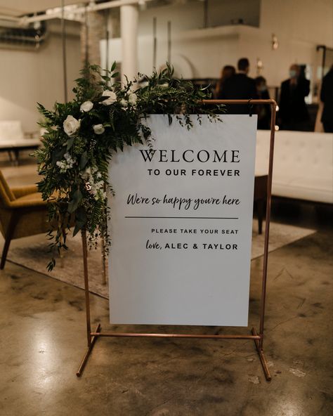 Open Seating Wedding Reception, Copper Sign Stand, Engagement Signage, Open Seating Wedding, Reception Welcome Sign, Wedding Seating Chart Display, Outdoor Wedding Flowers, Christmas Wedding Inspiration, Pilates Quotes