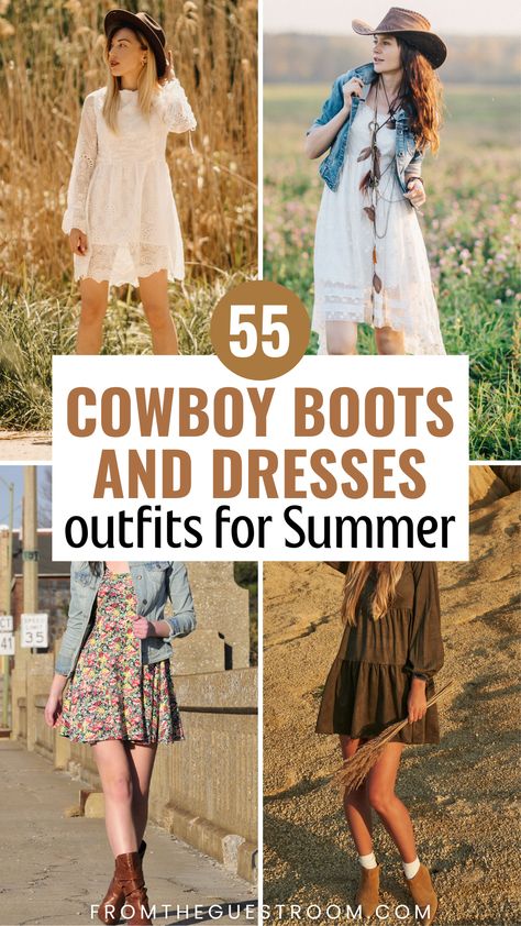 women wear cowboy boots with dresses for summer Nashville Dresses Cowboy Boots, Cute Dresses To Wear With Cowboy Boots, Fall Outfits Cowgirl Boots, Outfits To Wear With Cowboy Boots, Brown Cowgirl Boots Outfit Summer, Brown Cowboy Boots Outfit Summer, Sundress Cowboy Boots, Dress With Cowboy Boots Outfit, Summer Dress With Cowboy Boots