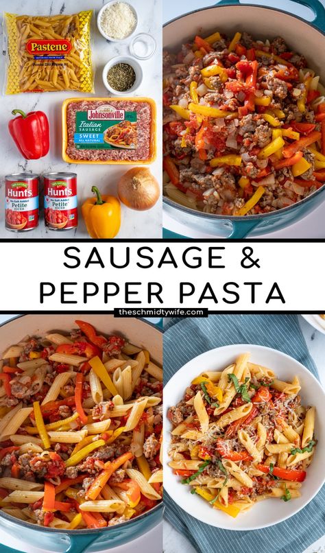 Looking for a balanced meal that is ready in under 30 minutes? Say hello to this Sausage Pepper Pasta recipe! Full of cozy pasta, savory sausage, and sweet bell peppers this is a meal that the whole family will enjoy! Sausage Pepper Pasta, Sausage and Peppers Pasta, Italian Sausage and Peppers Pasta, Penne Pasta with Sausage and Peppers, Sausage and Peppers Recipe Pasta Meal Prep Lunch Ideas Pasta, Italian Sausage Pasta Recipes Healthy, Protein Dense Dinner, Easy Italian Recipes For A Crowd, Ground Italian Sausage And Peppers, Easy Cheap Family Meals, Easy Meals For Dinner Families, Pasta With Sausage And Peppers, Sausage Pepper Pasta