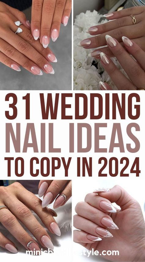 Bridesmaid Almond Nails, Fun Bridal Nails Bachelorette, Dip Nails For Wedding, Simple Elegant Wedding Nails, Nail Designs Bridesmaid, Coffin Bridal Nails, Wedding Dip Nails, Bachelorette Nails Bridesmaid, Wedding Nails 2024