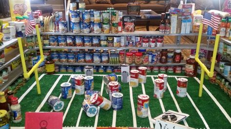 Can food drive display collection football stadium Food Drive Display Ideas, Stuco Ideas, College Ministry, Canned Food Drive, Kindness Club, Thanksgiving Board, Souper Bowl, Can Food, After Prom