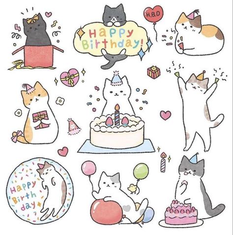 Happy Birthday Drawings, Birthday Doodle, Seni Pastel, Birthday Card Drawing, Cat Doodle, Stickers Kawaii, Pola Kartu, Bday Cards, Card Drawing