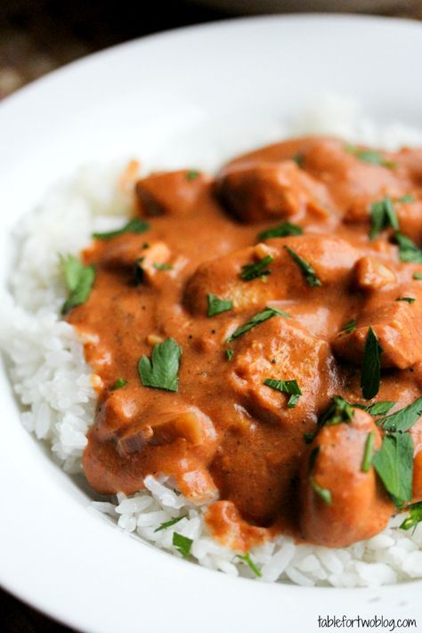 Chicken Tikka Masala {Crockpot} - Table for Two - veganize with beyond meat strips and coconut yogurt Chicken Tikka Masala Crockpot, Tikka Masala Crockpot, Chicken Tikka Masala Slow Cooker, Slow Cooker Tikka Masala, Slow Cooker Chicken Tikka Masala, Summer Slow Cooker Recipes, Crockpot Slow Cooker, Chicken Tikka Masala, Crock Pot Slow Cooker