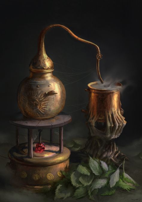 ArtStation - Alchemy Distiller, Domenico Cava (Psion11) Alchemy Shop Fantasy Art, Alchemy Concept Art, Fantasy Chef, Artificer Aesthetic, Fantasy Alchemy, Dark Alchemy, Moon Reference, Science Aesthetic, Alchemy Art