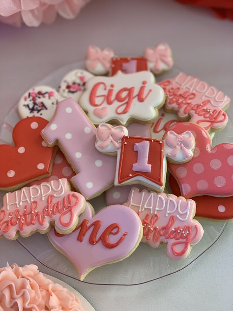 1st Birthday Cookies, Pink and Red, Valentines’s Day Valentines 1st Bday Party, Pink And Red First Birthday, Valentine Day 1st Birthday, Valentines Birthday Party Ideas Kid, First Birthday Themes Valentines, Valentines Day Theme Birthday Party, Valentine Birthday Cookies, Sweetheart 1st Birthday, Heart 1st Birthday Party