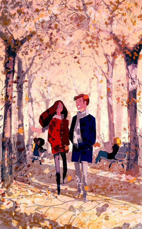 Just a like a walk in the park. by PascalCampion Pascal Campion, Joyful Life, Winter Illustration, Couple Illustration, Cute Couple Wallpaper, Walk In The Park, Love Illustration, Cute Couple Art, Couple Wallpaper