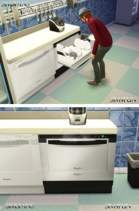 Custom Whirlpool branded dishwasher for The Sims 4. Snag this appliance for your next kitchn build, and you'll find even more dishwashers in our CC list White Kitchen Countertops, Sims 4 Kitchen, Whirlpool Dishwasher, Real Model, Dirty Dishes, Dishwashers, The Sims4, Sims 4 Cc, Wood Patterns