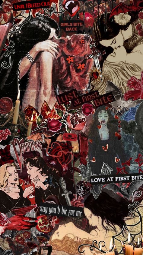 #vampire #vampireaesthetic #sapphic #lgbtq #gothic #gothicaesthetic #gothicromance #red #black #redandblack #redaesthetic #wlwlove #wallpaper #background #collageart #spooky #fangs #vintage Red Asthetics Wallpaper, Sapphic Aesthetic Art, Red And Black Wallpaper, Goth Wallpaper, Gothic Wallpaper, Witchy Wallpaper, Spiritual Artwork, Picture Collage Wall, Edgy Wallpaper