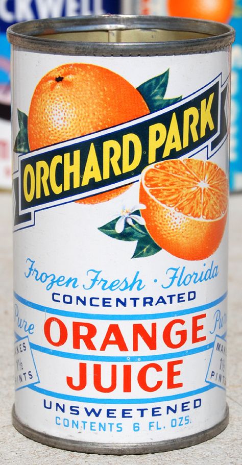 https://flic.kr/p/arLq4B | Orchard Park Orange Juice, 1950's Orange Juice Packaging, Vintage Fruit Crate Label, Neo Retro, Canned Juice, Juice Carton, Fruit Crate Label, Grocery Market, Juice Branding, Juice Packaging