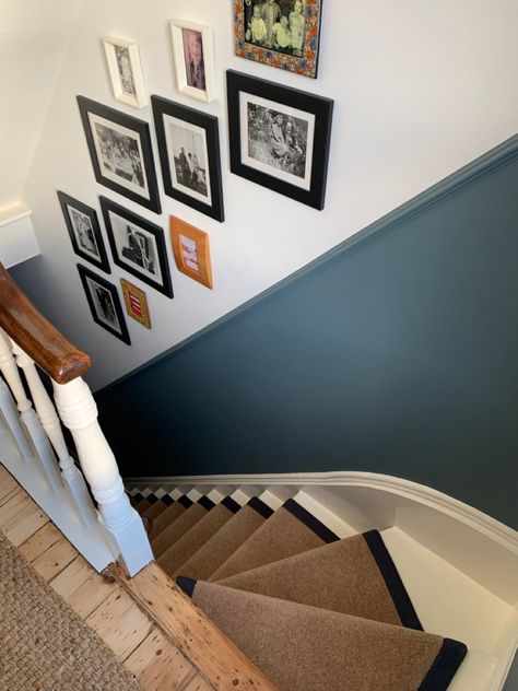 Painted Hallway Stairs, Blue Victorian Hallway, Staircase Wall Design Paint, Hallway Split Colour, Half Painted Stairway, Enclosed Stairs Decor, Two Colour Hallway, Two Tone Hallway Ideas, Green Panelled Hallway