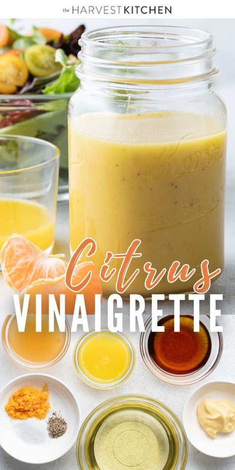 This Healthy Citrus Vinaigrette recipe (also called orange vinaigrette and orange salad dressing) uses fresh orange juice, apple cider vinegar, Dijon mustard, a wee bit of pure maple syrup and heart-healthy olive oil.  The sunny fresh flavors make for a lively citrus salad dressing that adds a lot of perk to a bowl of greens! Dressing Vinaigrette, Citrus Salad Dressing, Maple Vinaigrette, Citrus Vinaigrette, Citrus Dressing, Vinaigrette Salad, Simple Pantry, Recipe Salad, Simple Vinaigrette