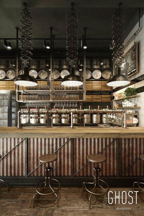 Kitchen Hood Ideas, Hood Ideas, Brewery Design, Industrial Cafe, Industrial Restaurant, Kitchen Hood, Rustic Restaurant, Bar Interior Design, Rustic Bar