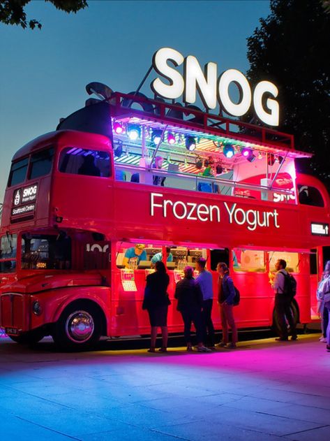 Snog Frozen Yogurt, Neon Food Truck, Food Bus, Backyard Bbq Pit, Vegan London, Neon Food, Food Stall Design, Mango Chocolate, Routemaster Bus