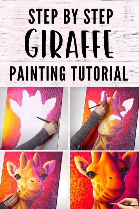 A step by step art tutorial teaching you how to paint this colorful giraffe in acrylic paints. This animal art tutorial is perfect for beginners as well as experienced artists. Colorful Giraffe Art, How To Paint A Giraffe, Painting Animals Acrylic, How To Paint Animals, Colorful Giraffe Painting, Colorful Giraffe, Art Elementary, Step By Step Art, Colorful Animal Paintings