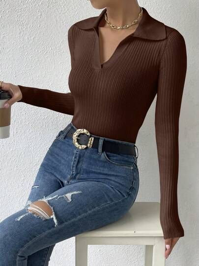 Polo Neck Ribbed Knit Sweater | SHEIN USA Brown Top Outfit, Long Sleeve Top Outfit, Joggers Outfit, Everyday Fashion Outfits, Brown Outfit, Women Sweaters, Color Cafe, Tops Casual, Polo Neck