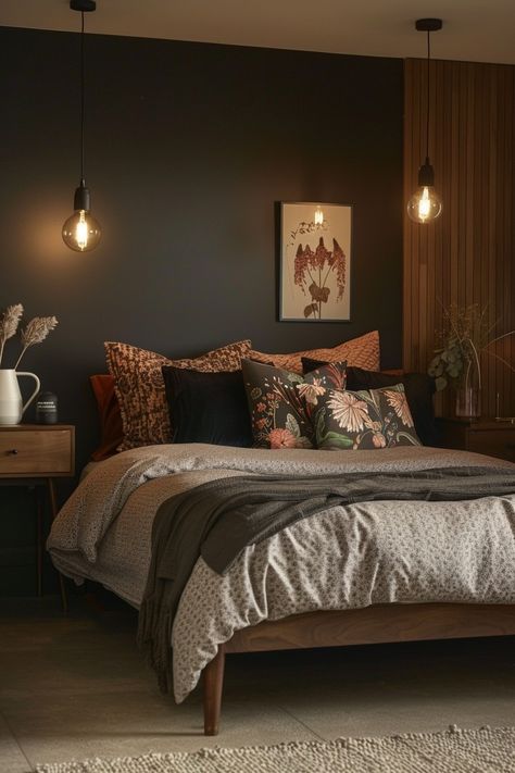 Moody Bedroom White Bedding, Moody Moroccan Bedroom, Dark Charcoal Bedroom, Bright Moody Bedroom, Moody Bedding Bedding & Blankets, Dark Bedding Idea, Bedroom Inspirations Moody, Moody Mcm Bedroom, Earthy Dark Bedroom